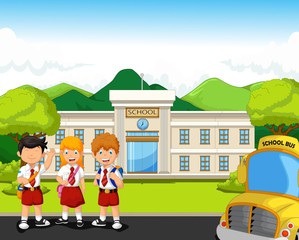 Obraz na płótnie Canvas funny three student cartoon in front of school with bus school landscape background
