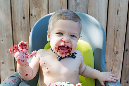 Baby Boy Eating Red Velvet Smash Cake