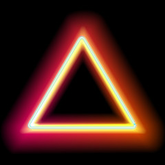 Neon triangle. Neon red light. Vector electric frame. Vintage frame. Retro neon lamp. Space for text. Glowing neon background. Abstract electric background. Neon sign triangle. Glowing electric frame