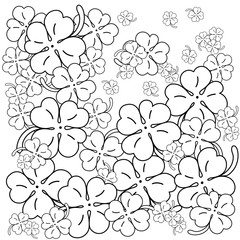 Adult coloring book page.  Four leaf clovers. Hand drawn Vector Illustration. 