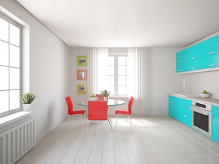 white interior design of kitchen -3D illustration