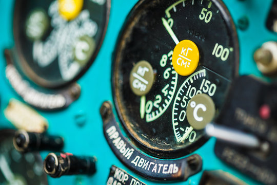 Close-up Of Instruments In Large Helicopter Cockpit