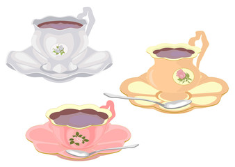 Vector set of cups of tea in vintage style.