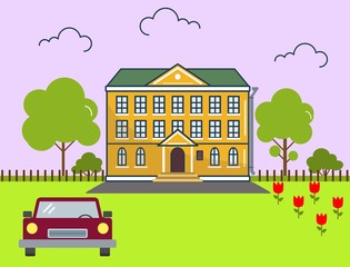 Building in flat design style. Vector illustration. On the picture the mansion, the car, trees and flowers are represented