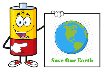 Talking Battery Cartoon Mascot Character Pointing To A Sign Save Our Earth