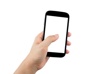 man hand holding black smartphone with blank screen isolated on white background with clipping path