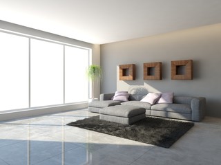 white interior design of living room -3D illustration