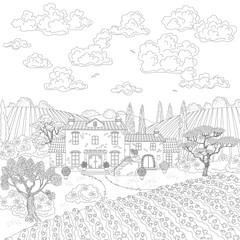 Cartoon contoured landscape with house, trees and clouds.
