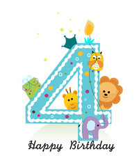  Happy fourth birthday with animals baby girl greeting card vector