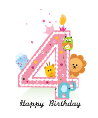  Happy fourth birthday with animals baby girl greeting card vector