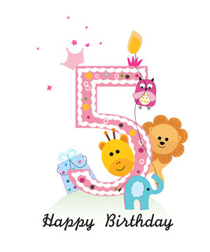 Happy fifth birthday with animals baby girl greeting card vector