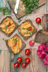 sandwich with tomato pate and chopped parsley - delicious breakfast