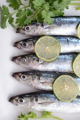 Close up sardines with lemon wedges and parsley on white plate 