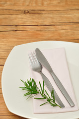 A simple place setting consisting of a plate and a knife and fork with a napkin and a piece of a plant