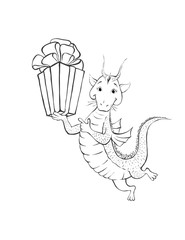 Dragon with gift. Coloring page. Cartoon children dragon with gi