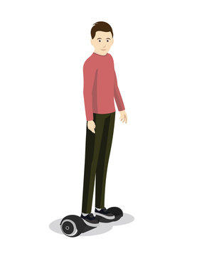 Man on a two wheels hoverboard cartoon character. Vector flat design isolated.