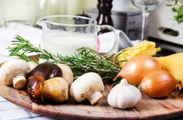 Ingredients pasta tagliatelle  with mushrooms