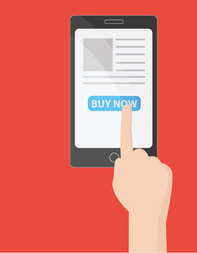 Buy and pay online via smartphone. Vector flat design.