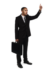 businessman pointing upwards while holding a briefcase.