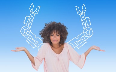 Composite image of pretty woman raising arms questioningly - Powered by Adobe