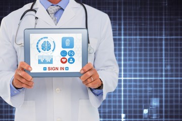Fototapeta na wymiar Composite image of male doctor showing digital tablet on white b