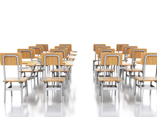 3d classroom with school chairs. Education concept.