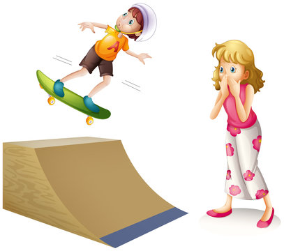 Boy skateboarding on wooden ramp