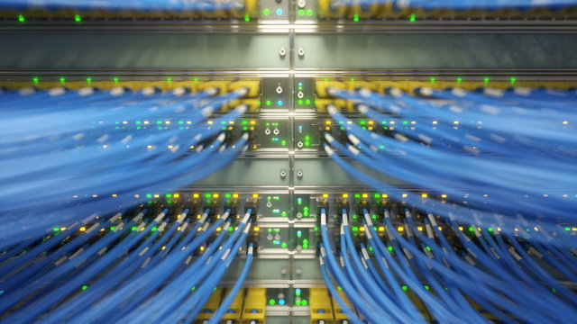 Fully loaded network media converters and ethernet switches loopable video. 3d rendering - Powered by Adobe