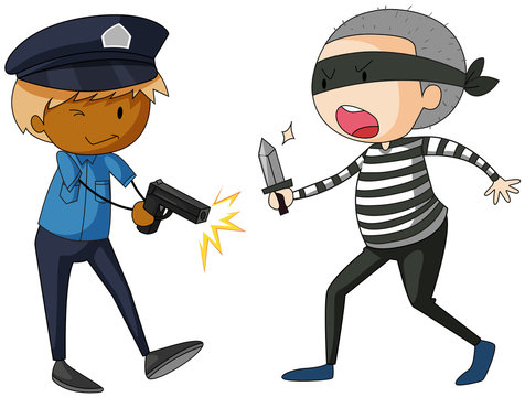 Policeman with gun and robber with knife