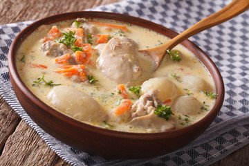 Belgian cuisine: cream soup with chicken close up in a bowl. horizontal
