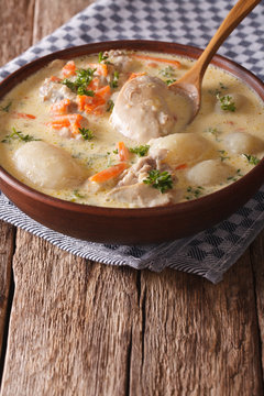 Belgian hot cream soup with chicken waterzooi close up in a bowl. vertical
