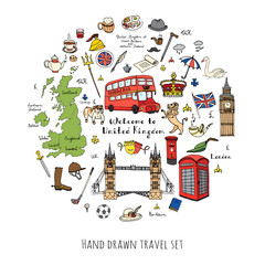 Hand drawn doodle United Kingdom set Vector illustration UK icons  Welcome to London elements British symbols collection Tea Bus Horse riding Golf Crown Beer Lion Bulldog London bridge Big Ben Tower