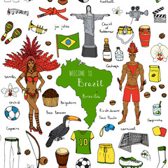 Seamless background hand drawn doodle Welcome to Brazil set Vector illustration Sketchy Brazilian traditional icons Cartoon Brazil typical elements collection Football Capoeira Samba Orchid Coffee