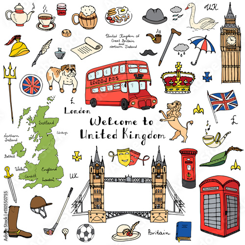 "Hand drawn doodle United Kingdom set Vector illustration UK icons