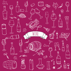 Hand drawn wine set icons Vector illustration Sketchy wine tasting elements collection Wine objects Cartoon wine symbols Vineyard background Vector wine background Winery illustration Grape Wine glass