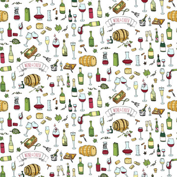 Seamless background Hand drawn wine set icons Vector illustration Sketchy wine tasting elements collection Wine objects Cartoon wine symbols Vineyard background  Winery illustration Grape Wine glass