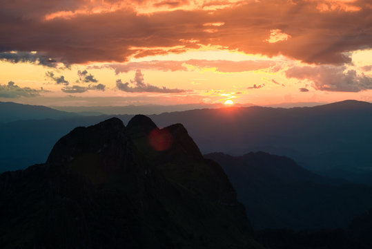 Sunset on high sub alpine mountain