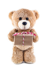 Teddy bear holding a gift box