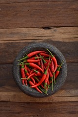 Top view of red colour Chili in stone mortar