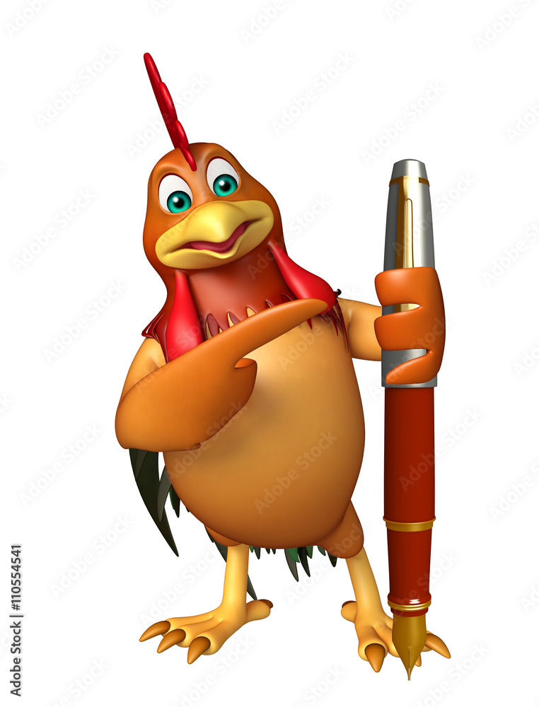 Poster cute Chicken cartoon character with pen