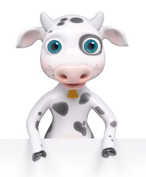 Cartoon cow with poster, 3d rendering