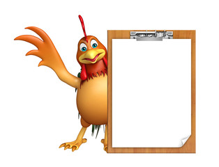 Chicken cartoon character with exam pad