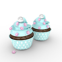 cupcakes with flowers and pearls isolated on white