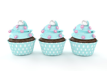 three sweet cupcakes with flowers and pearls isolated on white