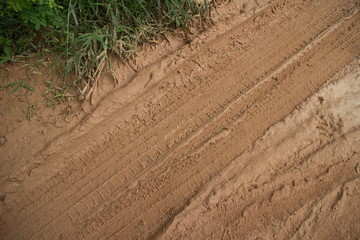 Muddy Road with Diagonal Tire Tracks and Grassy Side Vegetation © StockFootageWorld