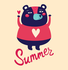 Summer vector illustration with adorable bear
