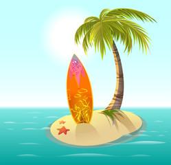 Fototapeta na wymiar Surfboard, sand island and palm. Summer rest