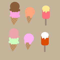 Ice Cream Icons. Different forms of ice cream on sticks and in waffle cone. Digital vector illustration