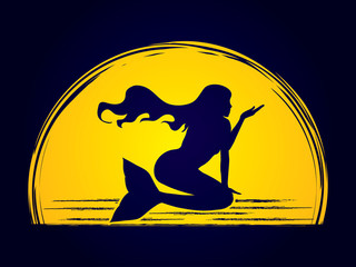 Mermaid designed on moonlight background graphic vector.