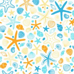 Cute vintage seamless pattern with hand drawn shells and starfishes for your decoration